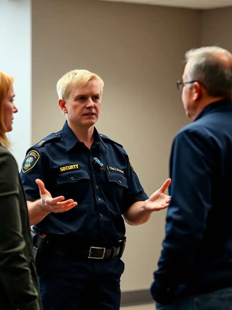 A security professional calmly de-escalating a tense situation, highlighting conflict resolution skills.