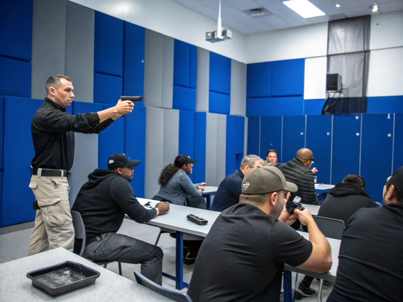 A classroom setting with trainees participating in a security training session led by an instructor, focusing on practical skills and knowledge.