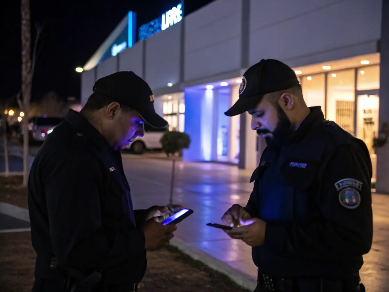 A team of security personnel patrolling a commercial building entrance with security equipment, ensuring a safe and secure environment.