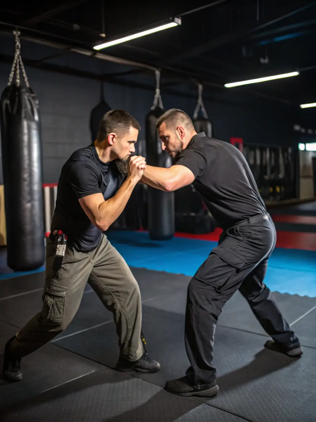 A group of security trainees practicing self-defense techniques under the guidance of a certified instructor in a training facility.