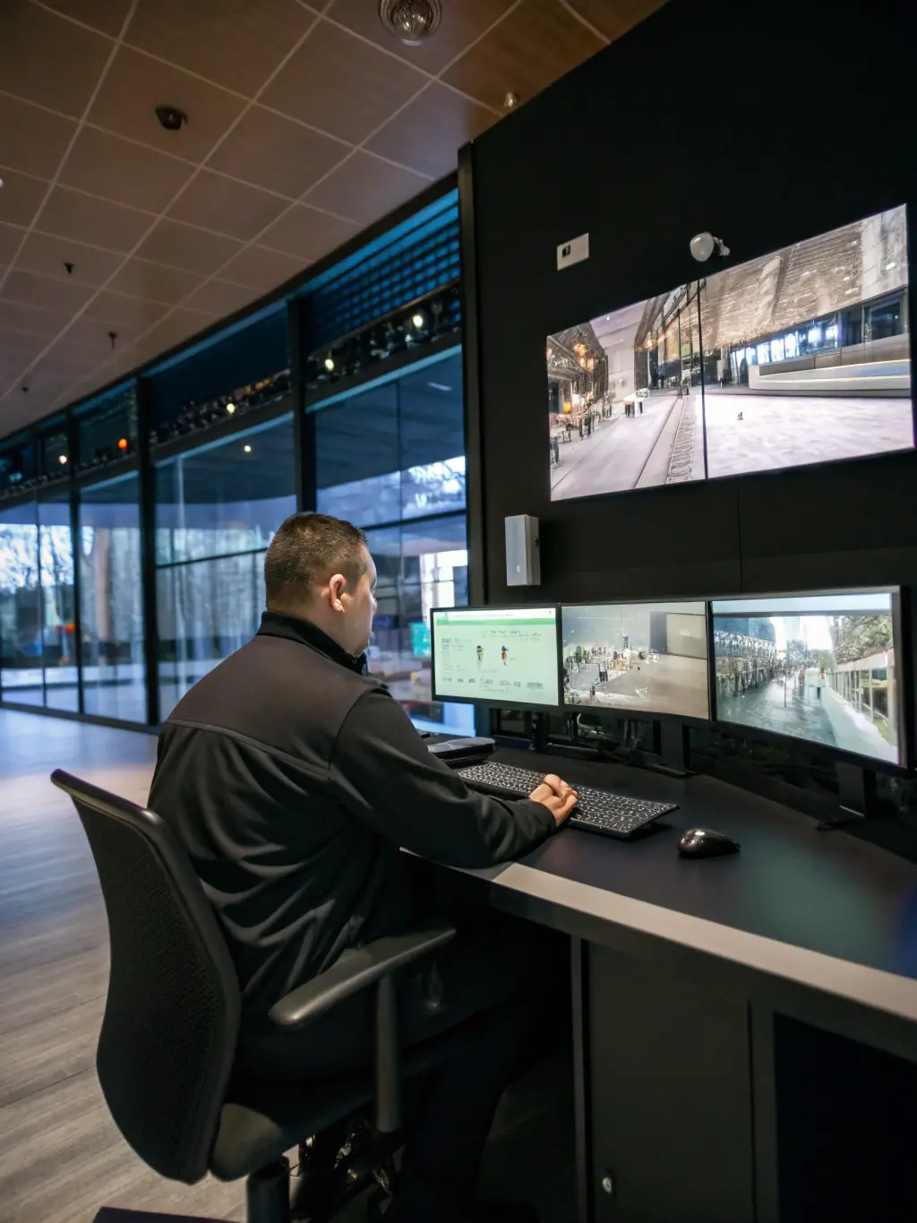 A security professional demonstrating surveillance techniques using advanced equipment in a controlled environment.