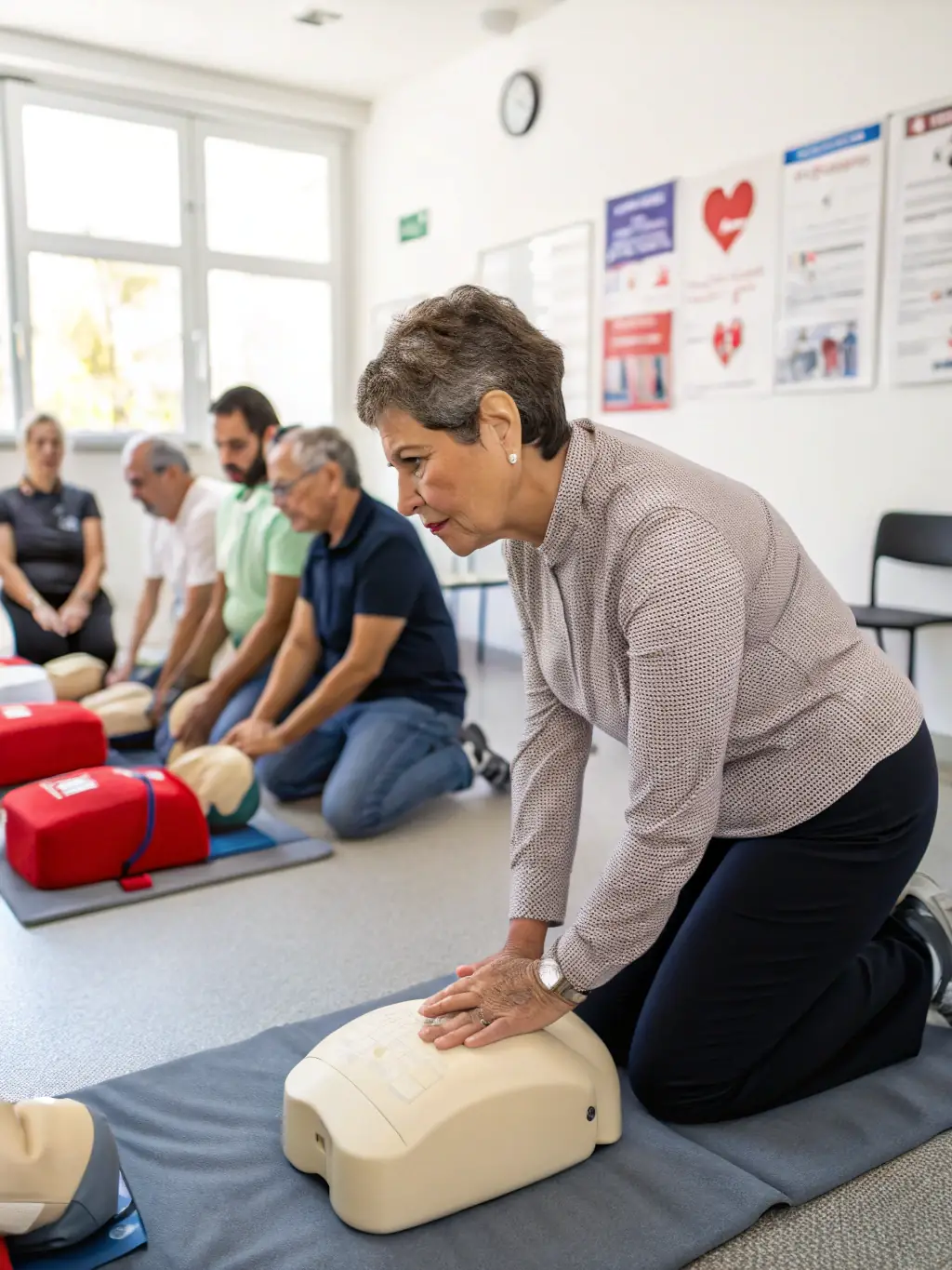 A first aid instructor teaching a group of security personnel how to administer emergency medical assistance in a simulated environment.