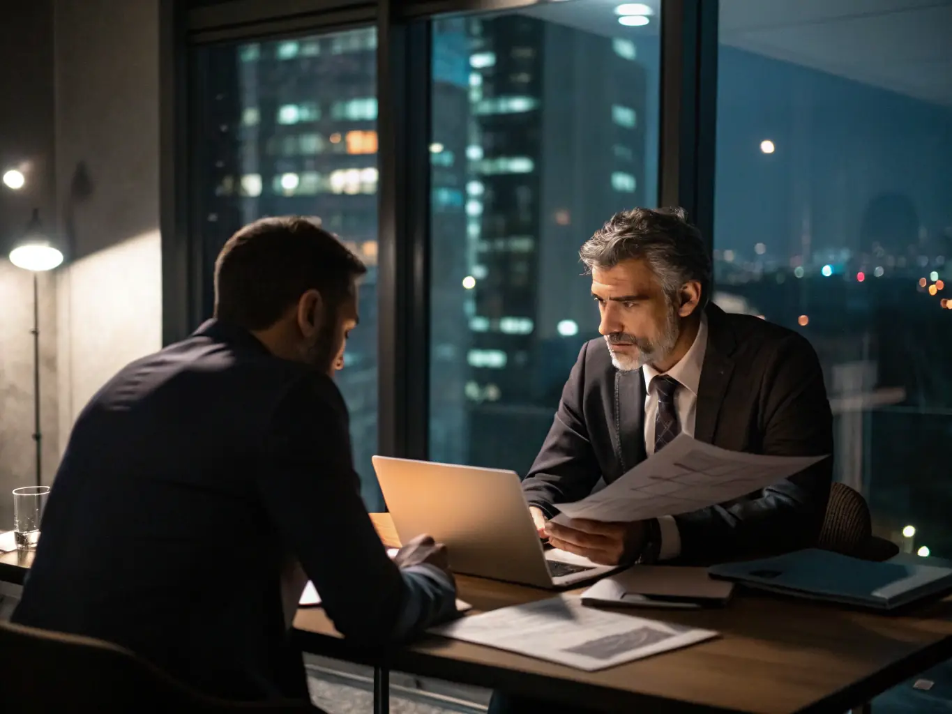 A security expert consulting with a business owner in an office setting, discussing security strategies and solutions.