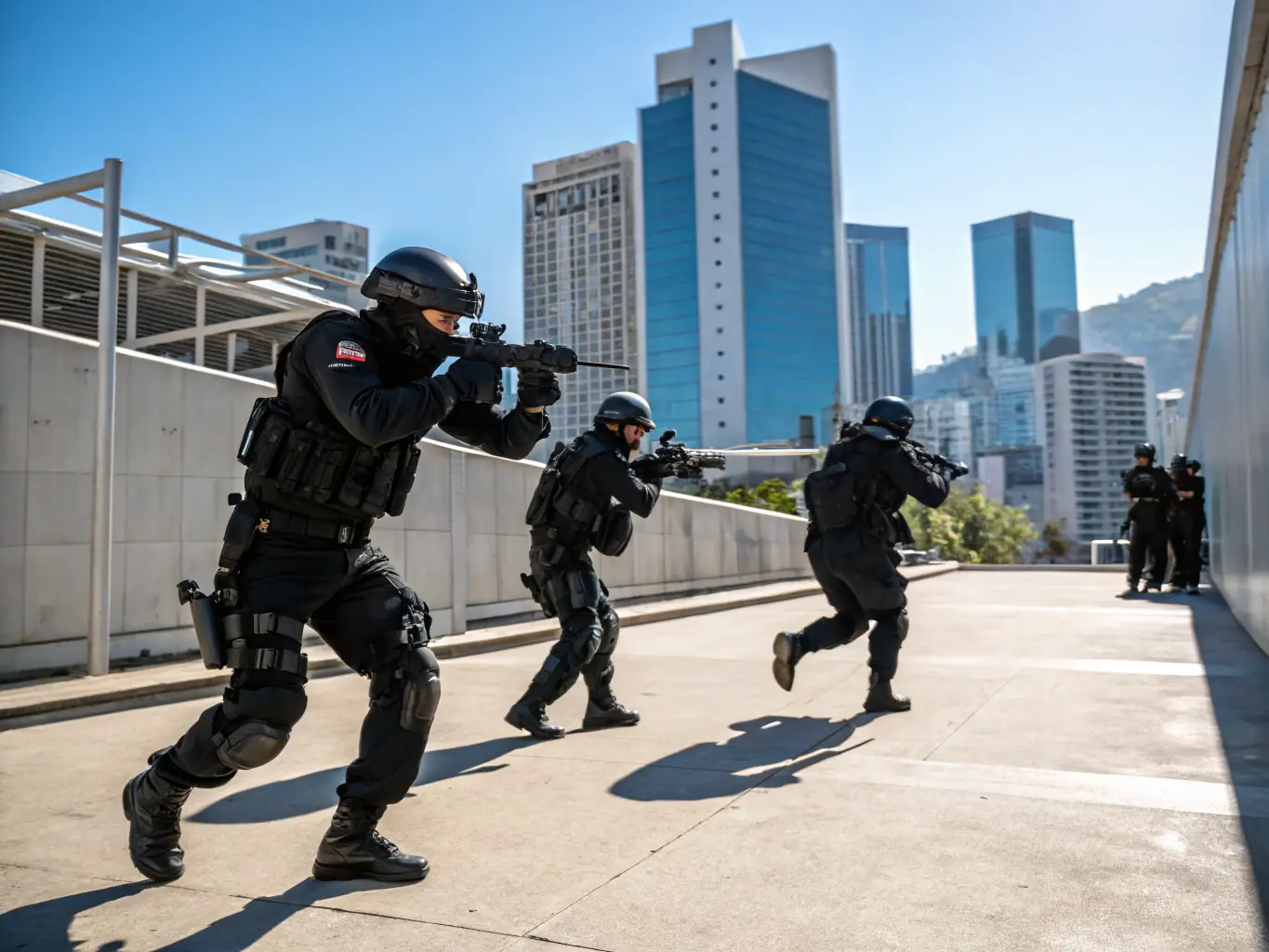 A group of security personnel participate in a training exercise, practicing surveillance techniques in a simulated urban environment. The focus is on their coordinated movements and use of surveillance equipment.