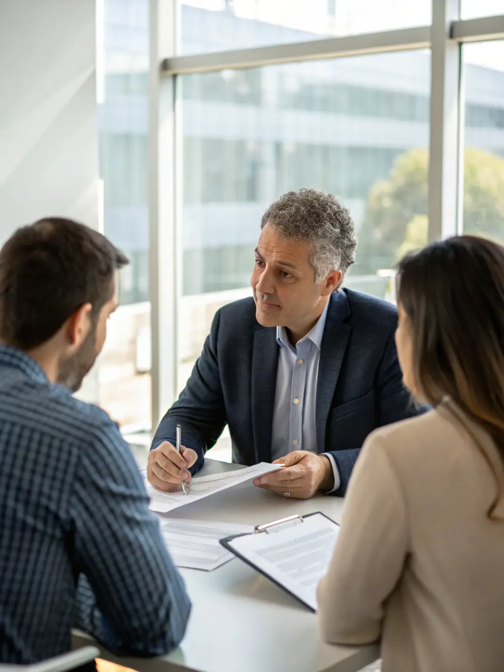 A visual representation of a conflict resolution scenario, with two individuals calmly discussing and resolving a disagreement under the guidance of a trained mediator.