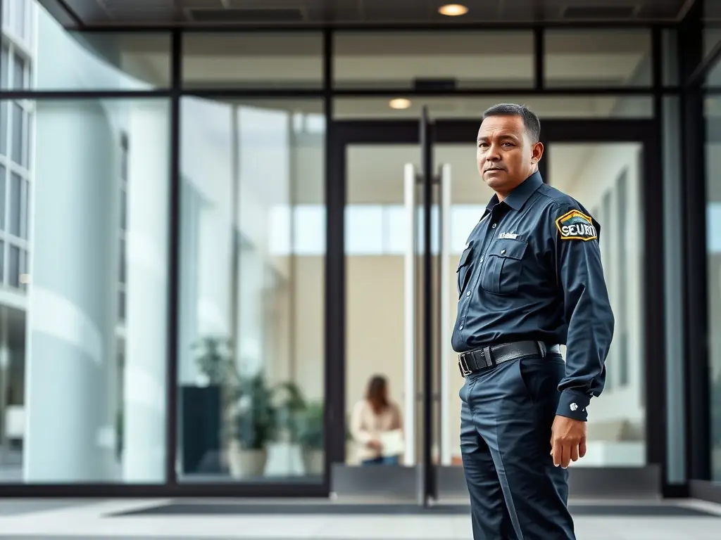 A security professional in uniform stands guard at the entrance of a corporate building, ensuring only authorized personnel gain access. The scene is set during daylight, with a clear focus on the guard's vigilant posture and the building's secure access point.