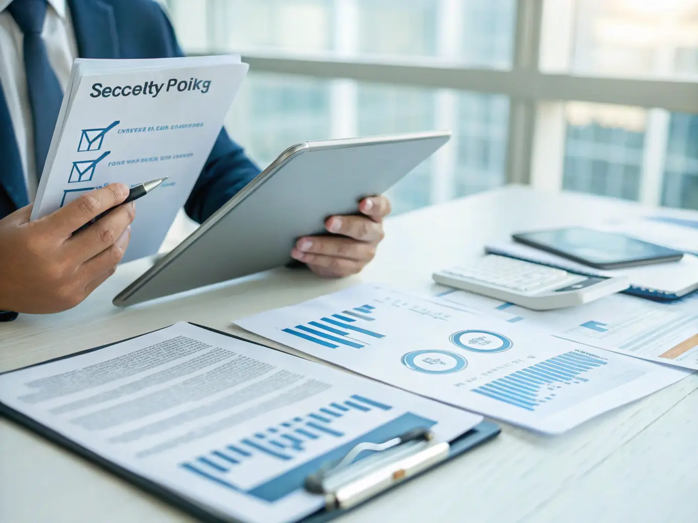 A security expert conducts a comprehensive risk assessment of a commercial property, using a tablet to document potential vulnerabilities and security measures. The scene emphasizes the expert's attention to detail and the use of technology in security planning.