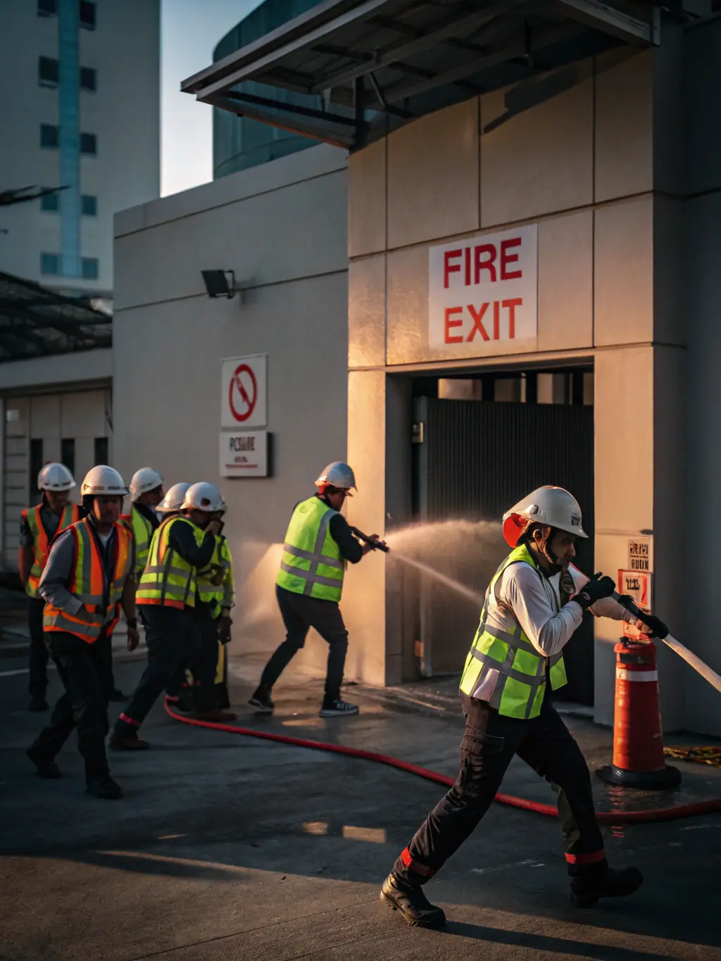A group of employees participating in a simulated emergency drill, demonstrating preparedness.