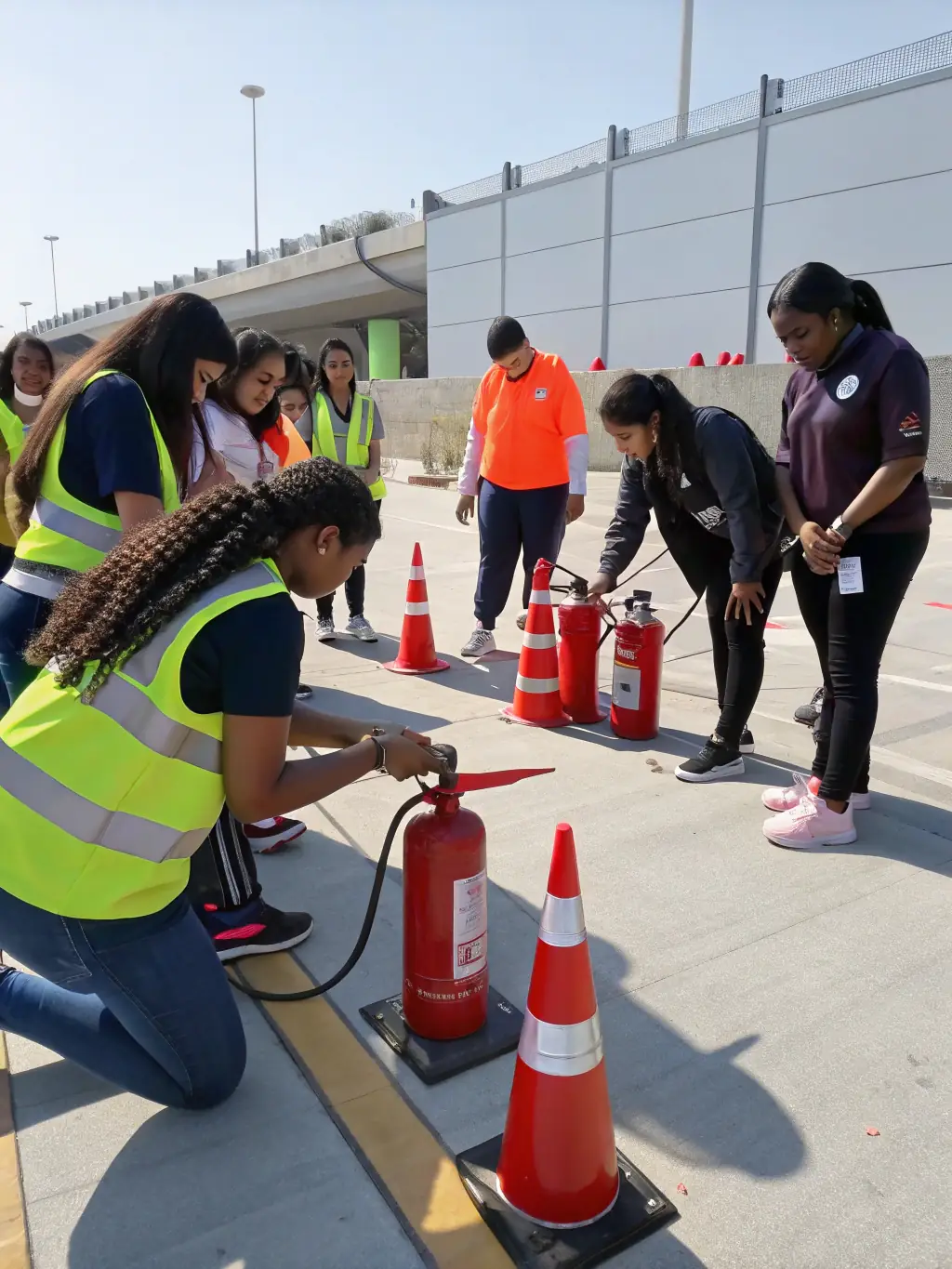 An image showing a group of trainees participating in a simulated emergency response drill, practicing evacuation procedures and first aid techniques.