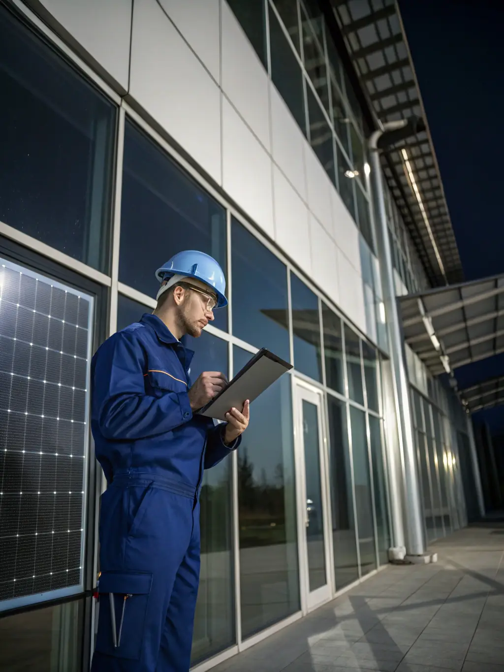 A detailed image depicting a security professional conducting a thorough risk assessment of a commercial building, using checklists and digital tools to identify potential vulnerabilities.